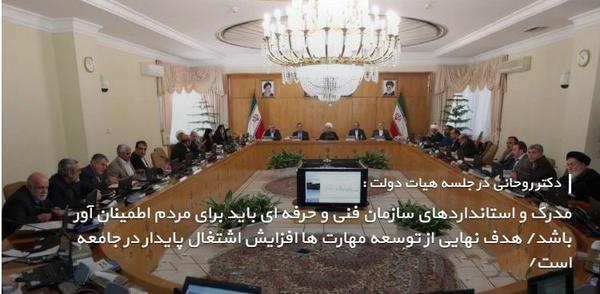 دکتر روحانی در جلسه هیات بیان داشتند:مدرک و استانداردهای سازمان فنی و حرفه ای باید برای مردم اطمینان آور باشد/ هدف نهایی از توسعه مهارت ها افزایش اشتغال پایدار در جامعه است.